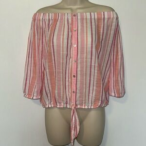 Women’s Off-Shoulder Pink Stripe Button-Front Top